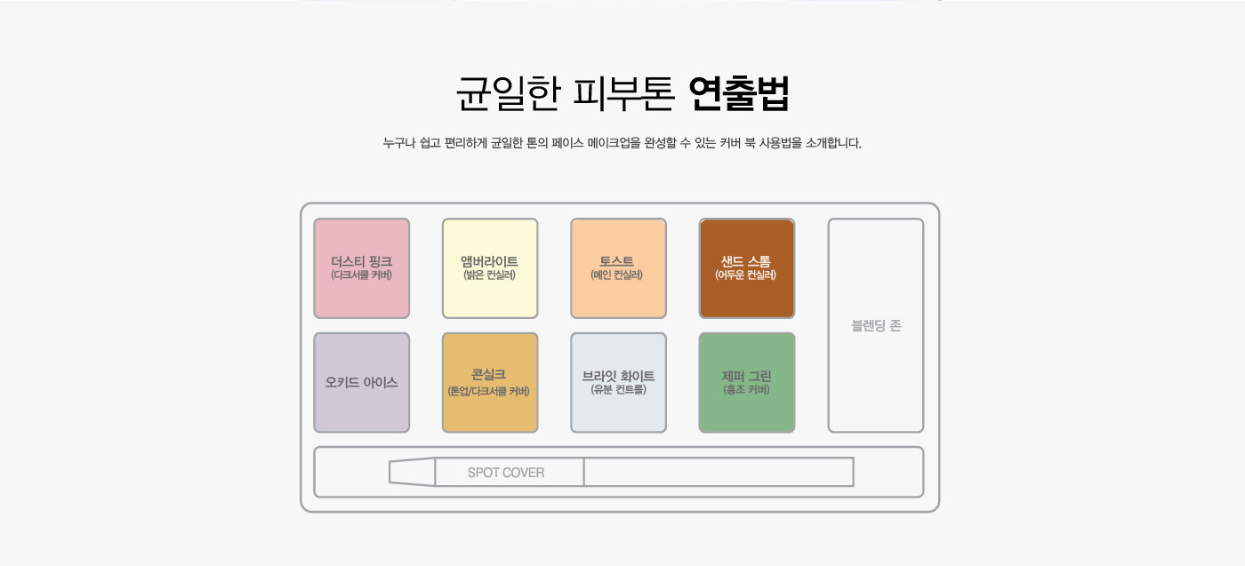균일한 피부톤 연출법. 누구나 쉽고 편리하게 균일한 톤의 페이스 메이크업을 완성할 수 있는 커버 북 사용법을 소개합니다.  