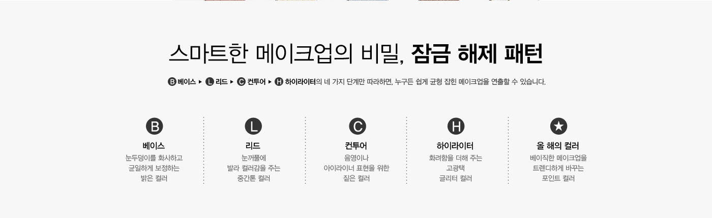 스마트한 메이크업의 비밀, 잠금 해제 패턴. 베이스, 리드, 컨투어, 하이라이터의 네 가지 단계만 따라하면, 누구든 
					쉽게 균형 잡힌 메이크업을 연출할 수 있습니다. 베이스-눈두덩이를 화사하고 균일하게 보정하는 밝은 컬러. 리드-눈꺼풀에 발라 컬러감을 주는 중간톤 컬러. 컨투어-음영이나 아이라이너 표현을 위한 짙은 컬러.
					하이라이터-화려함을 더해 주는 고광택 글리터 컬러. 올 해의 컬러-베이직한 메이크업을 트렌디하게 바꾸는 포인트 컬러