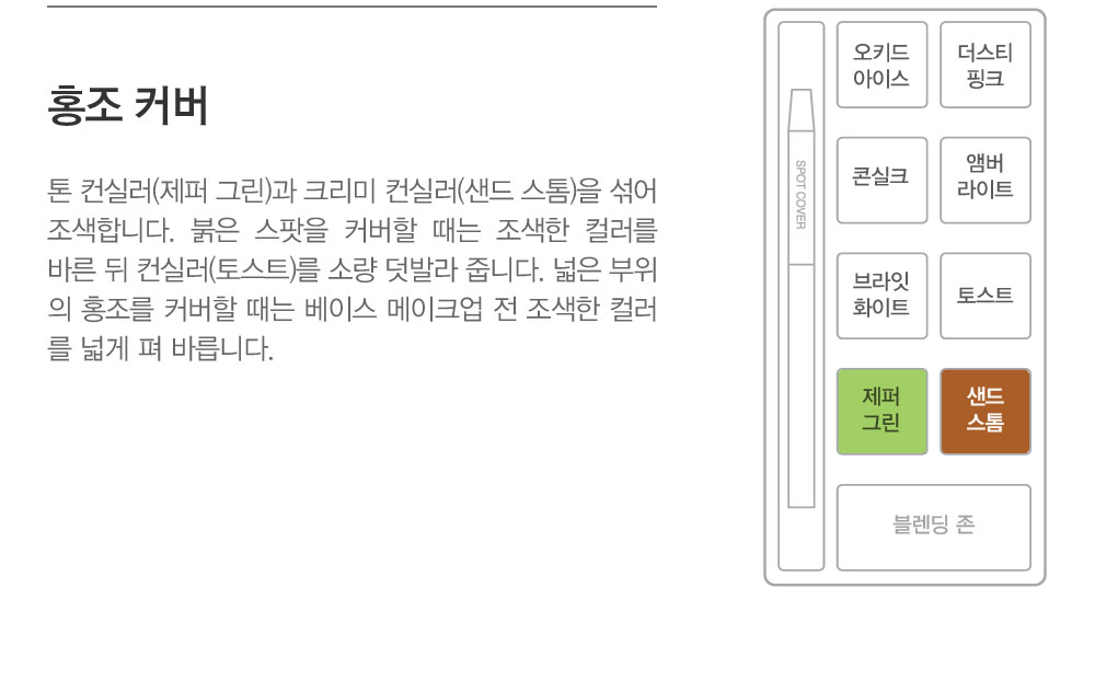 홍조 커버-톤 컨실러 제퍼 그린은 파우더리한 제형으로 붉은 기를 효과적으로 중화시켜 줍니다. 파우더리한 텍스처로 유분기가 
				많은 붉은 스팟을 효과적으로 커버 합니다. 크리미 컨실러 샌드 스톰을 블렌딩하여 자신의 피부 톤에 맞는 색을 조색합니다. 붉은 스팟을 커버 할 때는 조색한 컬러를 바른 뒤 컨실러 토스트를 소량 덧발라 줍니다. 넓은 부위의
				 홍조를 커버할 때는 베이스 메이크업 전 조색한 컬러를 넓게 펴 바른 뒤 베이스 메이크업을 올려 줍니다.
