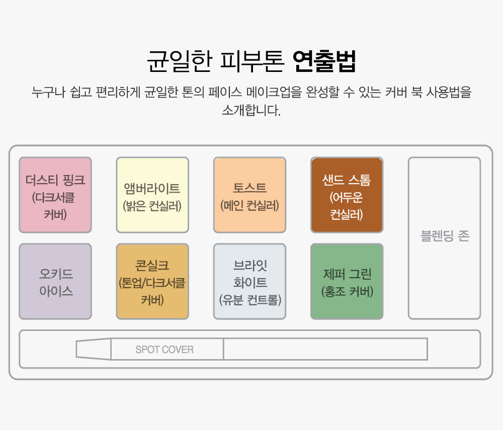 균일한 피부톤 연출법. 누구나 쉽고 편리하게 균일한 톤의 페이스 메이크업을 완성할 수 있는 커버 북 사용법을 소개합니다.