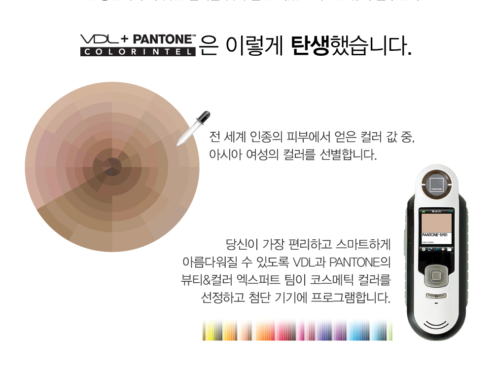 VDL + PANTONE COLOR INTEL은 이렇게 탄생했습니다. 전 세계 인종의 피부에서 얻은 컬러 값 중, 아시아 여성의 컬러를 선별합니다.
				당신이 가장 편리하고 스마트하게 아름다워질 수 있도록 VDL과 PANTONE의 뷰티&컬러 엑스퍼트 팀이 코스메틱 컬러를 선정하고 첨단 기기에 프로그램합니다.