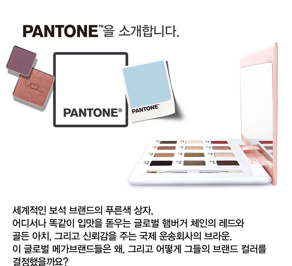 PANTONE을 소개합니다. 세계적인 보석 브랜드의 푸른색 상자, 어디서나 똑같이 입맛을 돋우는 글로벌 햄버거 체인의 레드와 
				골든 아치, 그리고 신뢰감을 주는 국제 운송회사의 브라운. 이 글로벌 메가브랜드들은 왜, 그리고 어떻게 그들의 브랜드 컬러를 결정했을까요?